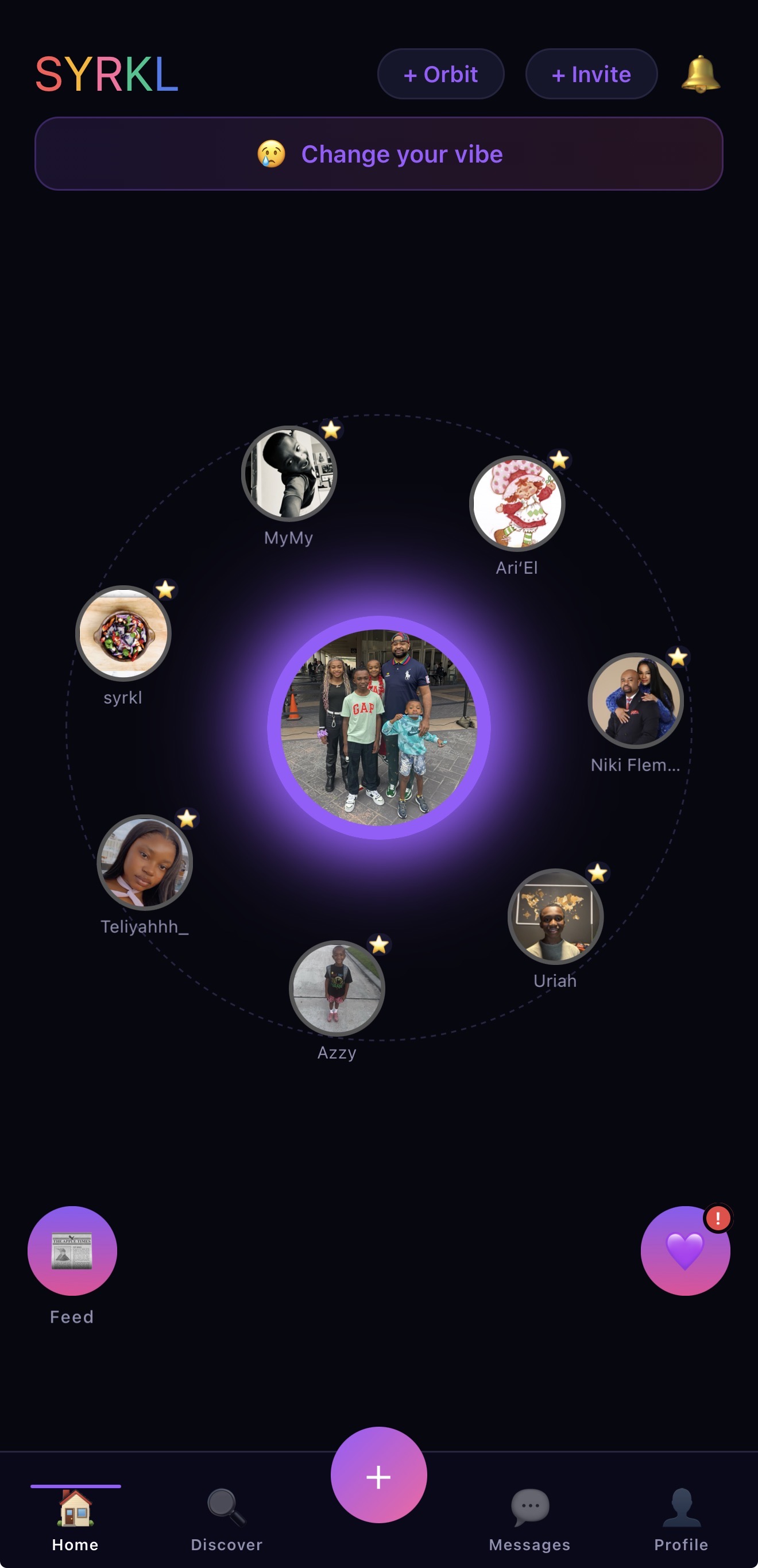 SYRKL home screen showing family orbit with daily pulse emojis